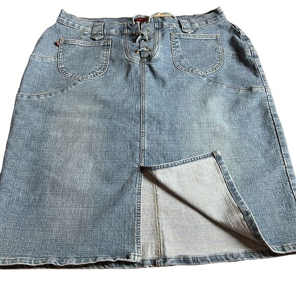 Vtg London Blue Vigoss Jean Skirt Size 1X Blue Denim Lace Up Front Slits Pockets - Picture 2 of 16